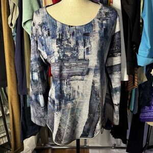 Cubism Women’s L Shades Of Blue Wearable Art Tunic Top Long Sleeve Side Zip